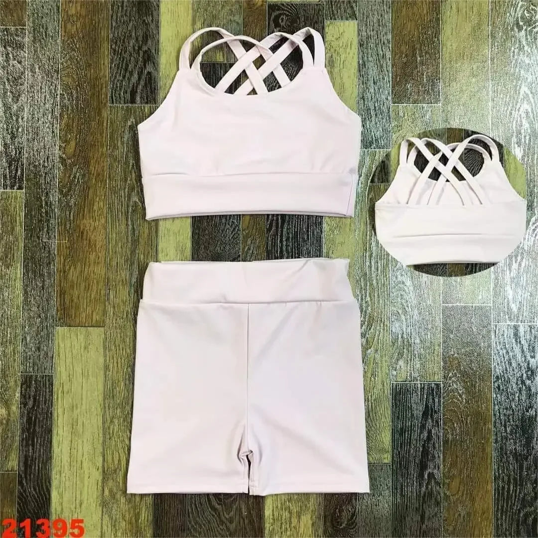 Pink Lace Girls Yoga Set 2-8 Years Cross Back Shorts Skirt, Nylon Spandex, Cute Sport Outfit, Breathable Activewear for Toddler