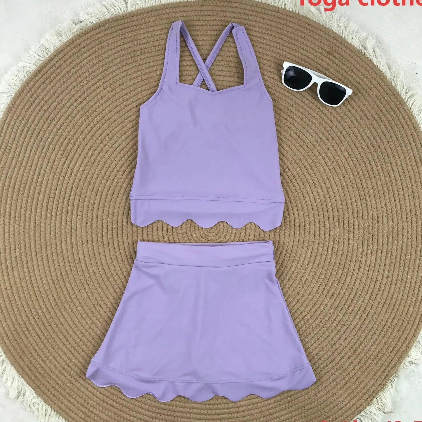 Pink Lace Girls Yoga Set 2-8 Years Cross Back Shorts Skirt, Nylon Spandex, Cute Sport Outfit, Breathable Activewear for Toddler
