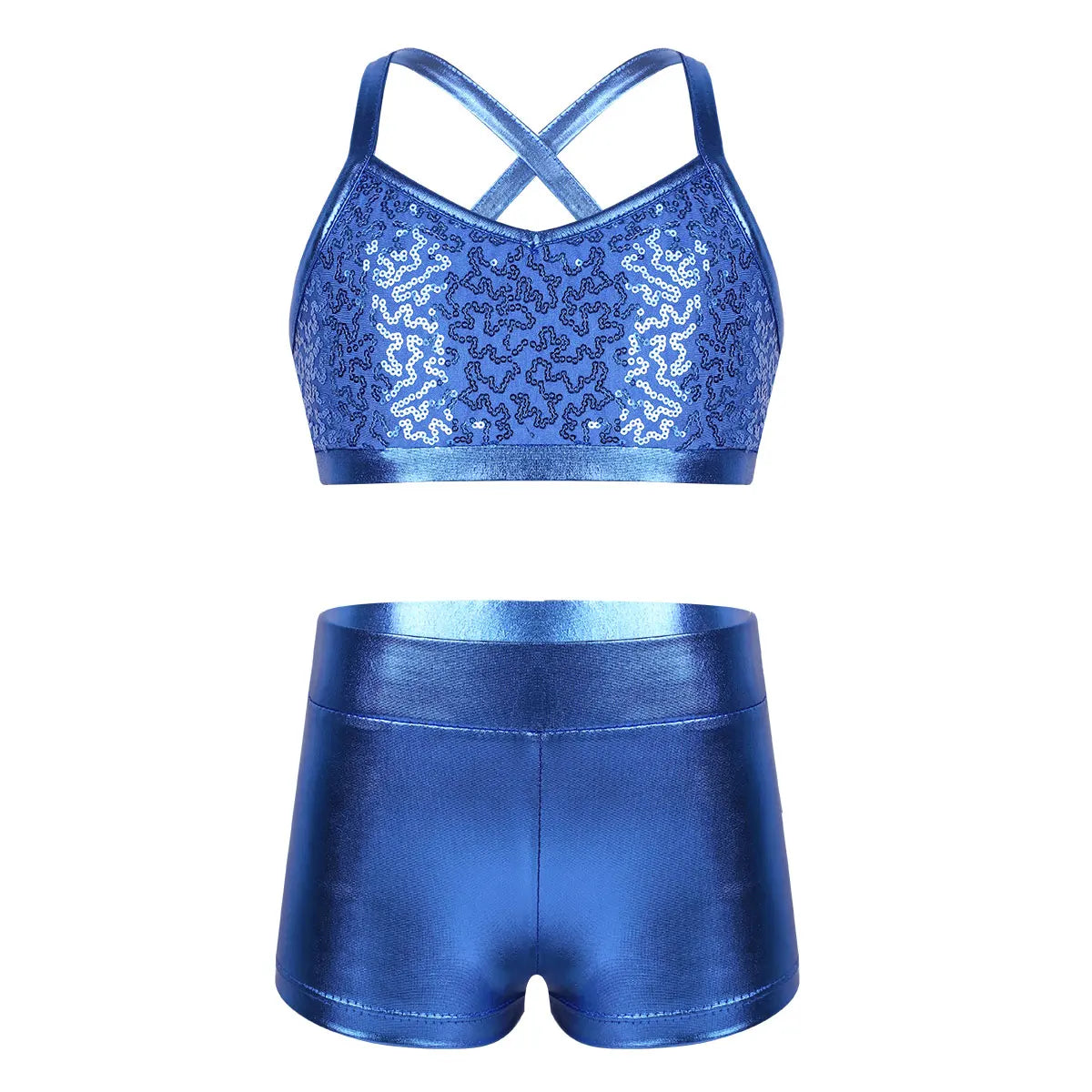 Kids Girls Ballet Dance Clothes Gymnastics Leotard Gym Sports Fitness Workout Tankini Outfit Shiny Sequins Tank Bra Tops Shorts