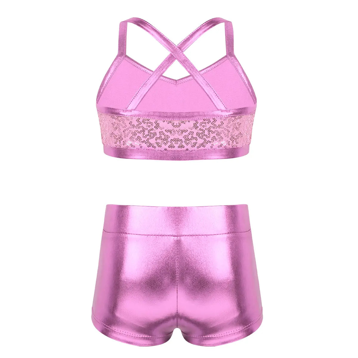 Kids Girls Ballet Dance Clothes Gymnastics Leotard Gym Sports Fitness Workout Tankini Outfit Shiny Sequins Tank Bra Tops Shorts