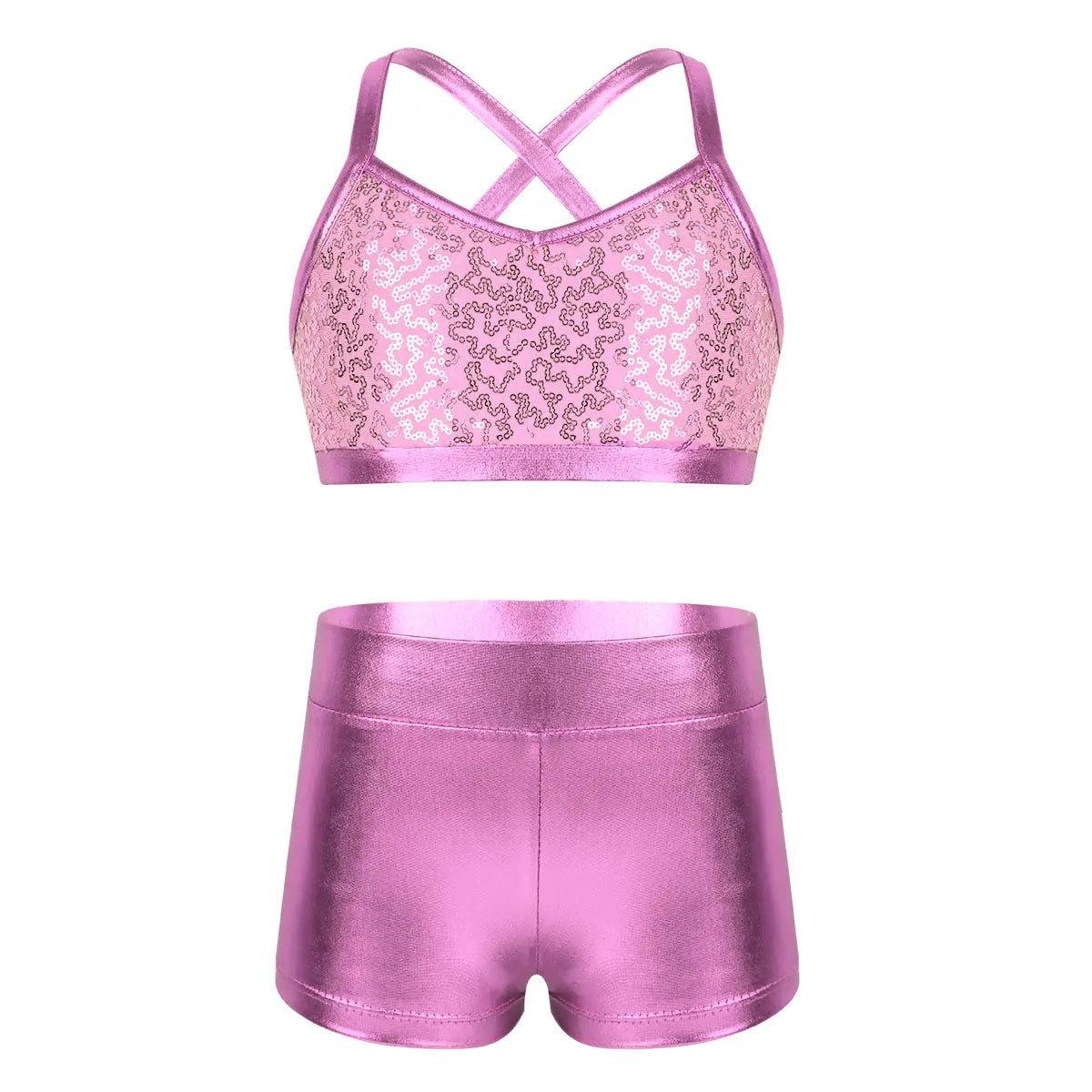 Kids Girls Ballet Dance Clothes Gymnastics Leotard Gym Sports Fitness Workout Tankini Outfit Shiny Sequins Tank Bra Tops Shorts