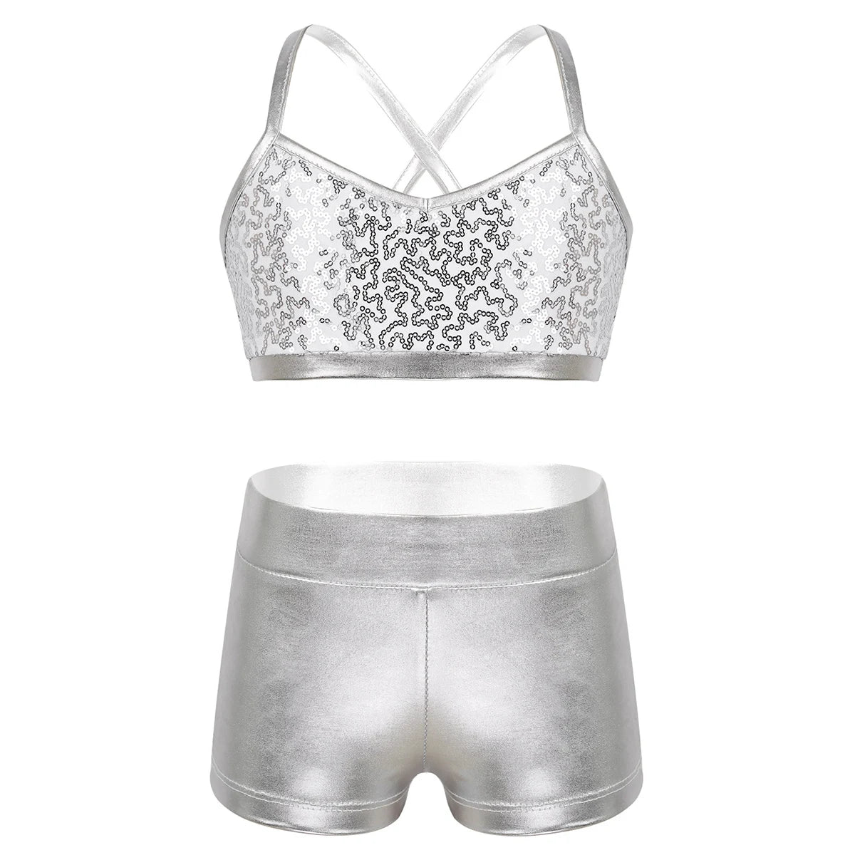 Kids Girls Ballet Dance Clothes Gymnastics Leotard Gym Sports Fitness Workout Tankini Outfit Shiny Sequins Tank Bra Tops Shorts