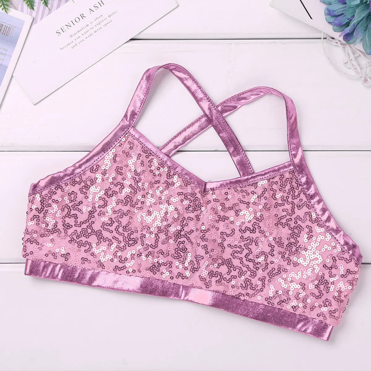 Kids Girls Ballet Dance Clothes Gymnastics Leotard Gym Sports Fitness Workout Tankini Outfit Shiny Sequins Tank Bra Tops Shorts