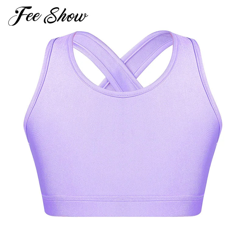 Kids Girls Dance Top Sport Cropped Top Vests Shoulder Straps Sleeveless Keyhole Back Shockproof Running Gym Yoga Sports Bra Top