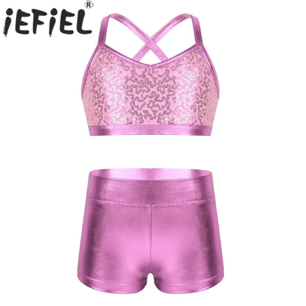 Kids Girls Ballet Dance Clothes Gymnastics Leotard Gym Sports Fitness Workout Tankini Outfit Shiny Sequins Tank Bra Tops Shorts