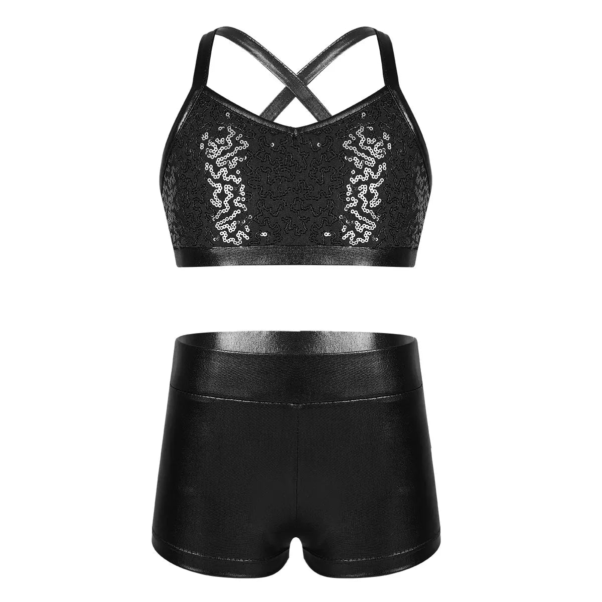 Kids Girls Ballet Dance Clothes Gymnastics Leotard Gym Sports Fitness Workout Tankini Outfit Shiny Sequins Tank Bra Tops Shorts