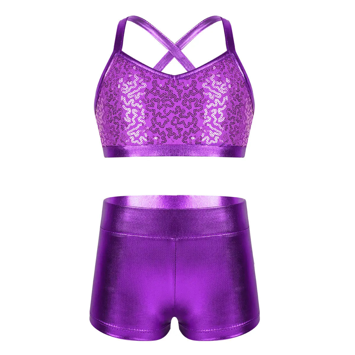 Kids Girls Ballet Dance Clothes Gymnastics Leotard Gym Sports Fitness Workout Tankini Outfit Shiny Sequins Tank Bra Tops Shorts